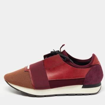 مملوكة مسبقًا Balenciaga Burgundy/Brown Leather and Mesh Race Runner Sneakers Size 45