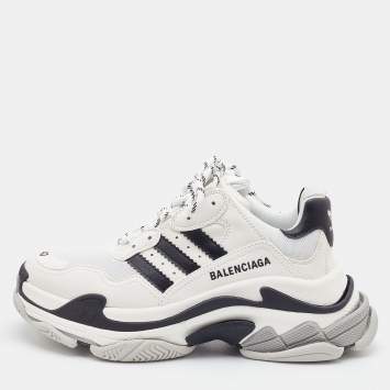 Pre Owned Balenciaga White/Black Leather and Mesh Triple S Sneakers Size 40
