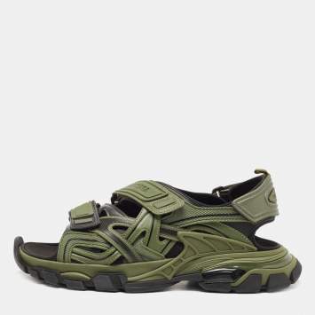 Pre Owned Balenciaga Green/Black Rubber and Faux Leather Velcro Strap Flat Sandals Size 45