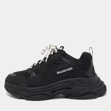 Pre Owned Balenciaga Black Mesh and Leather Triple S Sneakers Size 46