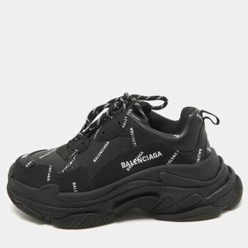 Pre Owned Balenciaga Black Faux Leather Allover Logo Triple S Sneakers Size 40