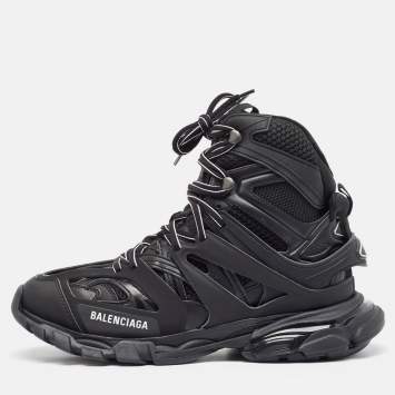 Pre Owned Balenciaga Black Mesh and Faux Leather Track High Top Sneakers Size 42