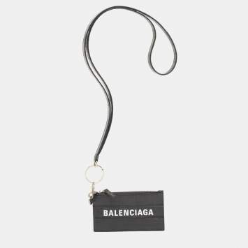Pre Owned Balenciaga Dark Grey Crocodile Embossed Leather Card Holder Lanyard 