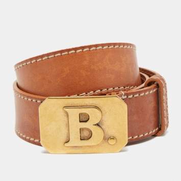 Pre Owned Balenciaga Brown Leather B Logo Plague Belt 100CM