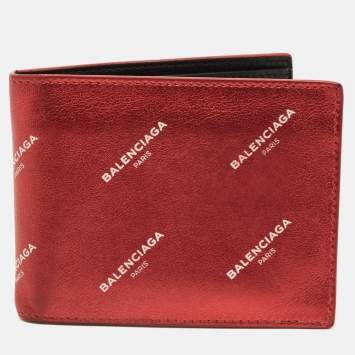 Pre Owned Balenciaga All Over Logo Metallic Red Leather Bifold Wallet