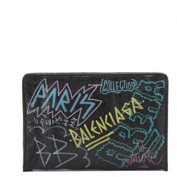Pre Owned Balenciaga Black Leather Graffiti Bazar Clutch Bag