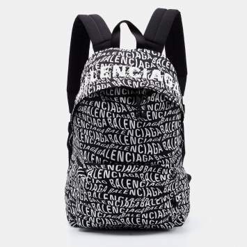 Pre Owned Balenciaga Black/White All Over Logo Print Nylon Backpack