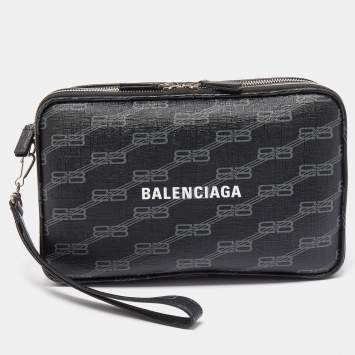 Pre Owned Balenciaga Black BB Monogram Coated Canvas Everyday Pouch