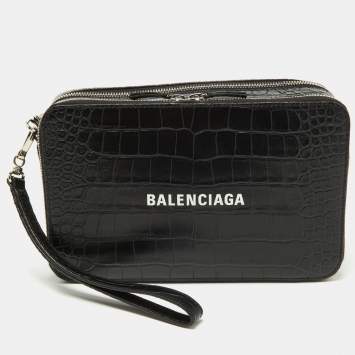 Pre Owned Balenciaga Black Croc Embossed Leather Wristlet Pouch