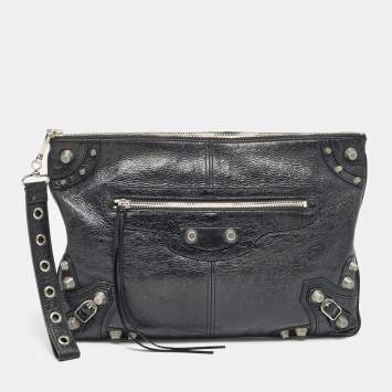 Pre Owned Balenciaga Black Leather Le Cagole Wristlet Pouch