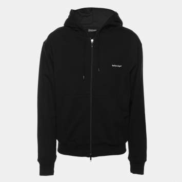 Pre Owned Balenciaga Black Cotton Knit Logo Zip Hoodie S