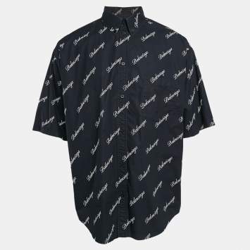 Pre Owned Balenciaga Navy Blue Monogram Print Button Front Oversize Shirt M