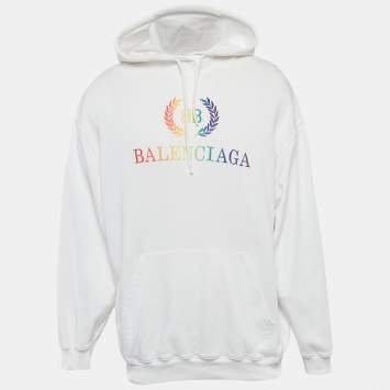 Pre Owned Balenciaga White BB Embroidered Cotton Oversized Hoodie S