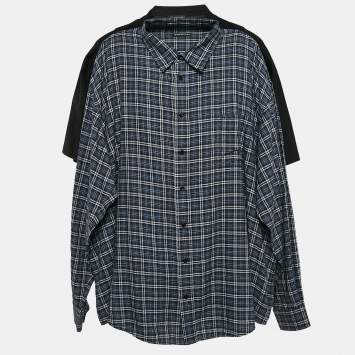 Pre Owned Balenciaga Black/Blue Checked Cotton and Jersey Shirt T-Shirt L
