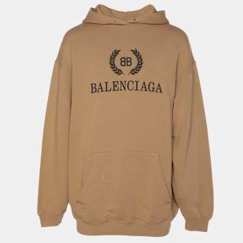 Pre Owned Balenciaga Light Brown Logo Printed Cotton Hoodie XS