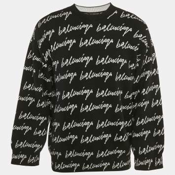 Pre Owned Balenciaga Black Logo Jacquard Knit Crew Neck Jumper S