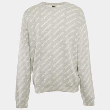 Pre Owned Balenciaga Grey Logo Jacquard Cotton Blend Crew Neck Sweatshirt M