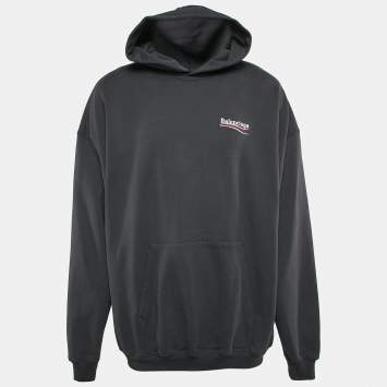 Pre Owned Balenciaga Unisex Grey Logo Embroidery Cotton Knit Oversized Hoodie XS