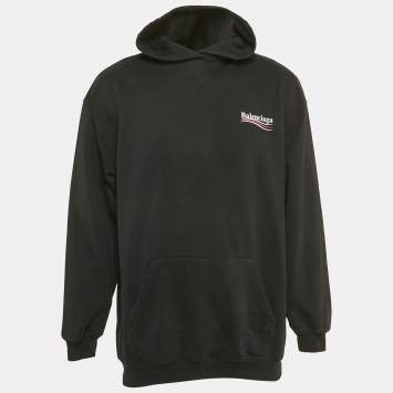 Pre Owned Balenciaga Black Logo Print Cotton Knit Oversized Hoodie S