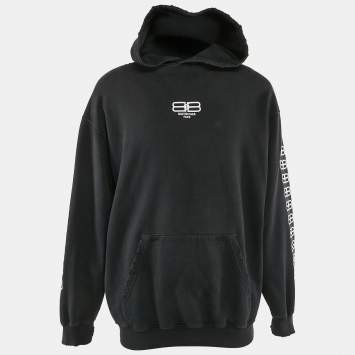 Pre Owned Balenciaga Black Logo Embroidery Cotton Distressed Hoodie S