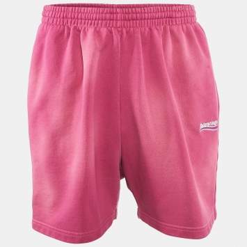Pre Owned Balenciaga Pink Logo Embroidered Cotton Knit Unisex Shorts S