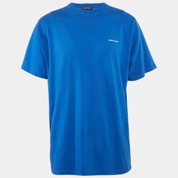 Pre Owned Balenciaga Blue Logo Print Jersey Oversized T-Shirt L