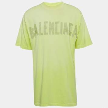 Pre Owned Balenciaga Unisex Florescent Yellow Tape Logo Print Jersey Oversized T-Shirt XXS