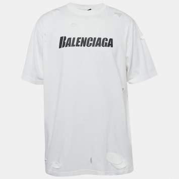 Pre Owned Balenciaga Unifit White Logo Print Distressed Jersey Boxy T-Shirt XXS