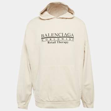 Pre Owned Balenciaga Unisex Beige Retail Therapy Print Cotton Hoodie L