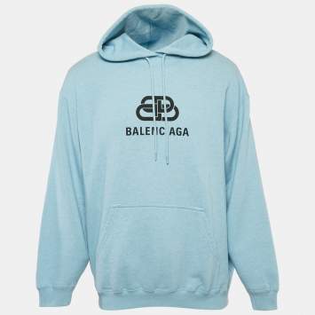 Pre Owned Balenciaga Blue Logo Print Cotton Hooded Sweatshirt S