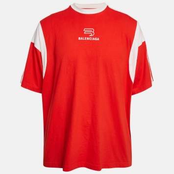 Pre Owned Balenciaga Unifit Red Logo Print Jersey Oversized T-Shirt L