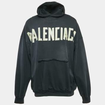 Pre Owned Balenciaga Black Washed Tape Type Logo Print Cotton Distressed Hoodie Sweatshirt S