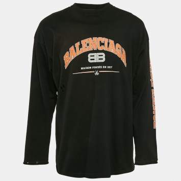 Balenciaga Black Logo Print Cotton Crew Neck Distressed Sweatshirt L