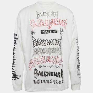 Pre Owned Balenciaga White Logo Print Cotton Full Sleeve Crew Neck T-Shirt L