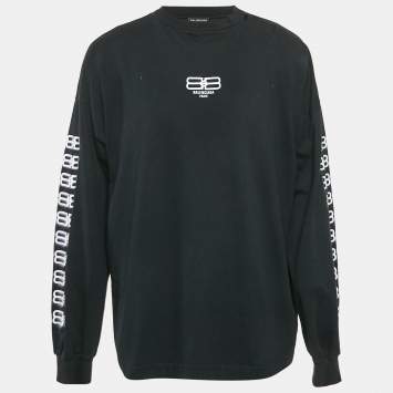 Pre Owned Balenciaga Black Logo Embroidered Cotton Distressed Long Sleeve T-Shirt L