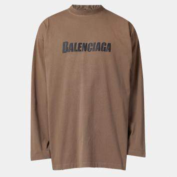 Pre Owned Balenciaga Unisex Beige Logo Print Oversized Long Sleeve T-Shirt M