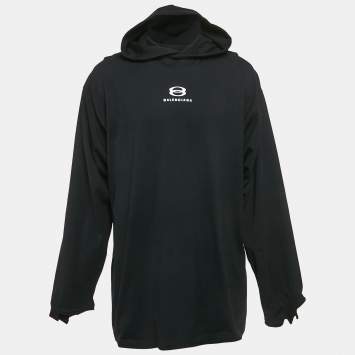 Balenciaga Black Logo Embroidery Cotton Knit Oversized Hoodie M