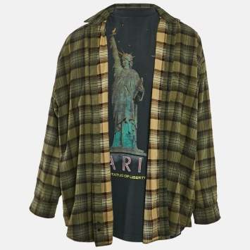 Pre Owned Balenciaga Unisex Green Checks Distressed Cotton T-shirt and Shirt L
