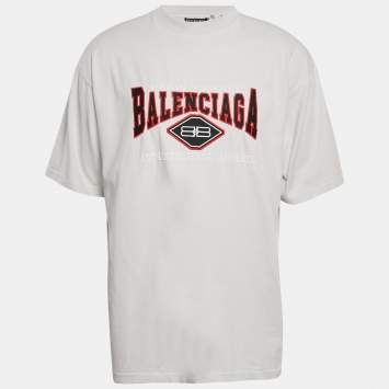 Pre Owned Balenciaga Unisex Light Grey Logo Embroidered Jersey T-Shirt M