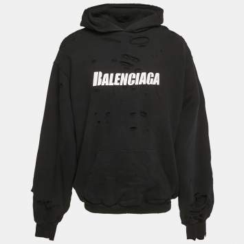 Balenciaga Unifit Black Logo Print Distressed Cotton Knit Hoodie XS