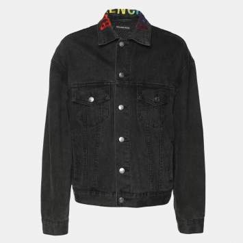 Balenciaga Dark Grey Denim Rainbow Logo Embroidered Jackets M