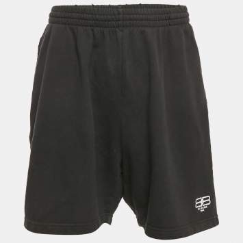 Pre Owned Balenciaga Black Knit Logo Embroidered Shorts M