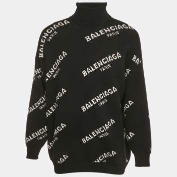 Balenciaga Black All Over Pattern Rib Knit Turtleneck Oversized Sweater M