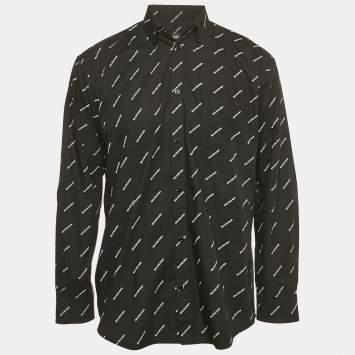 Pre Owned Balenciaga Black All Over Logo Print Cotton Oversized Shirt XS