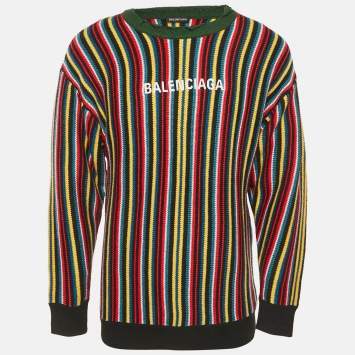 Balenciaga Multicolor Logo Intarsia Striped Wool Blend Oversized Sweater XXS  