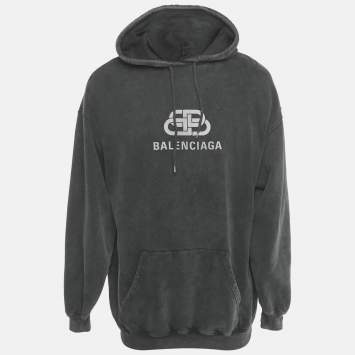 Pre Owned Balenciaga Dark Grey Logo Print Cotton Oversized Hoodie S