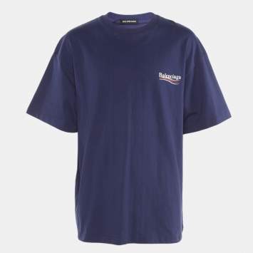 مملوكة مسبقًا Balenciaga Blue Cotton Logo Print Half Sleeve T-Shirt S