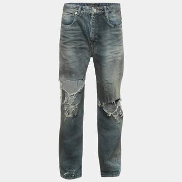 Pre Owned Balenciaga Unisex Blue Dirty Distressed Denim Jeans M/Waist 32"