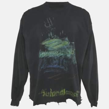 مملوكة مسبقًا Balenciaga Unisex Dark Blue Printed Jersey Distressed T-Shirt M