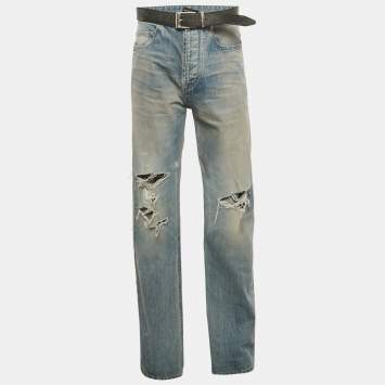 Pre Owned بنطلون جينز بحزام ممزق دنيم أزرق بالنسياجا للجنسين مقاس وسط 32"